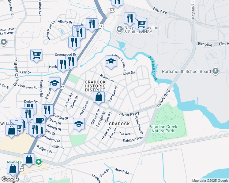 map of restaurants, bars, coffee shops, grocery stores, and more near 37 Farragut Street in Portsmouth