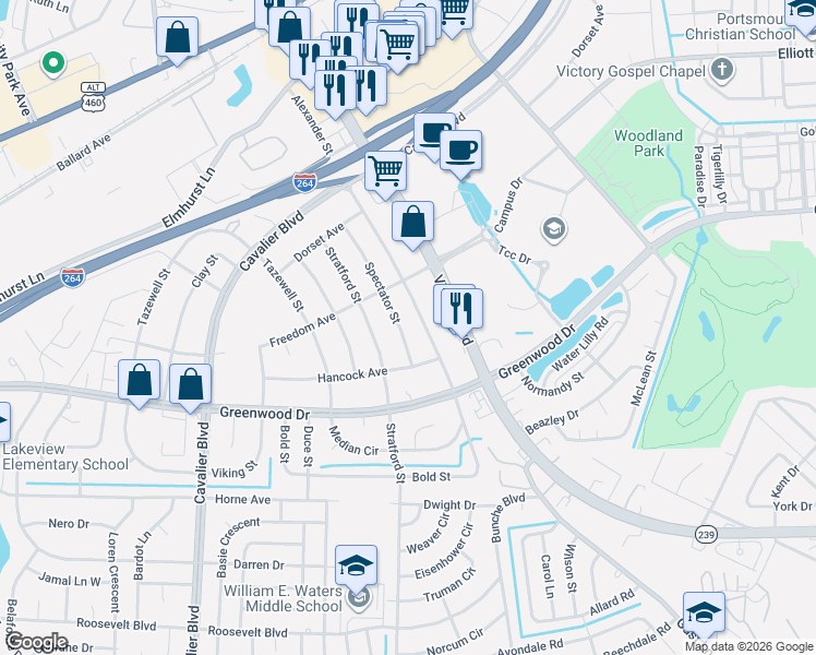 map of restaurants, bars, coffee shops, grocery stores, and more near 510 Rapidan Street in Portsmouth