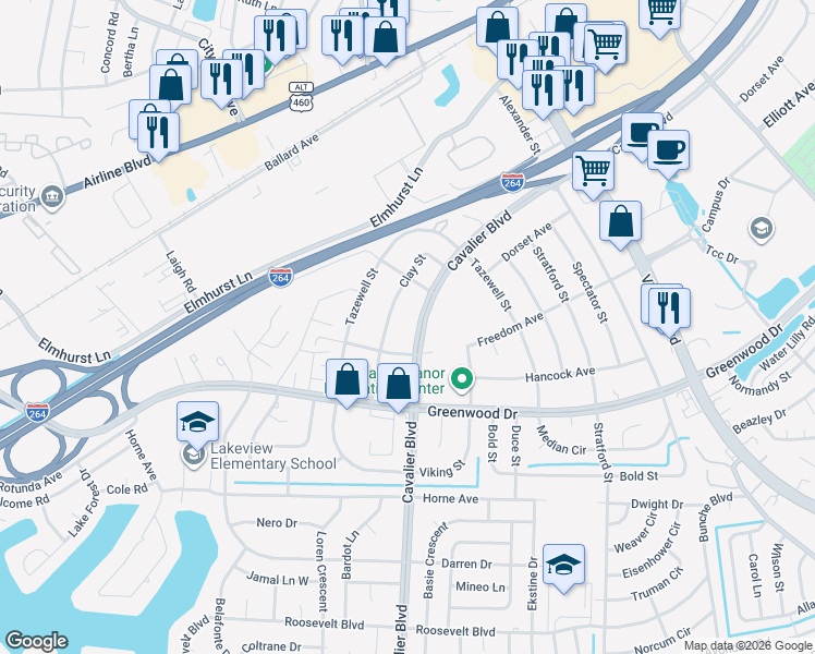map of restaurants, bars, coffee shops, grocery stores, and more near 1010 Cavalier Boulevard in Portsmouth