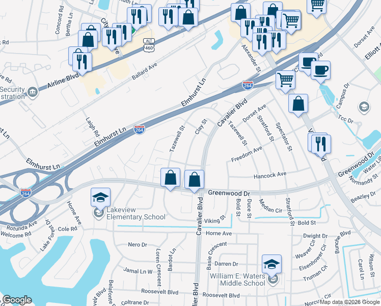 map of restaurants, bars, coffee shops, grocery stores, and more near 1010 Cavalier Boulevard in Portsmouth