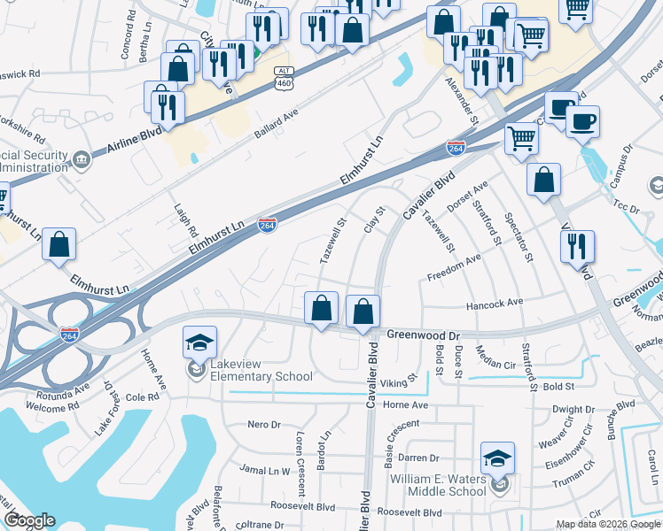 map of restaurants, bars, coffee shops, grocery stores, and more near 920 Tazewell Street in Portsmouth