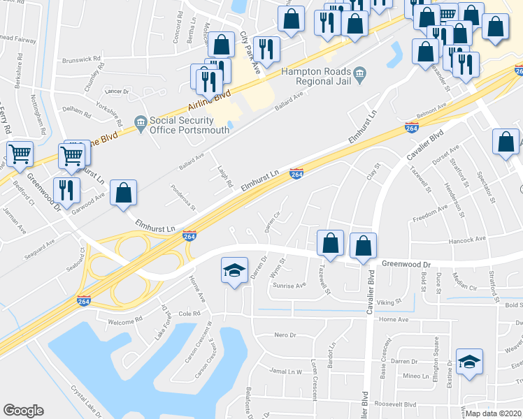 map of restaurants, bars, coffee shops, grocery stores, and more near 1564 Darren Circle in Portsmouth