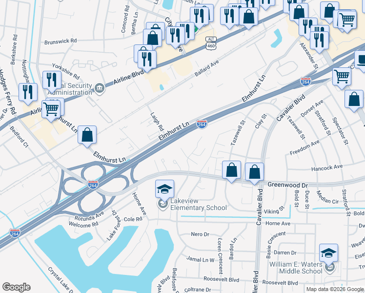 map of restaurants, bars, coffee shops, grocery stores, and more near 1564 Darren Circle in Portsmouth