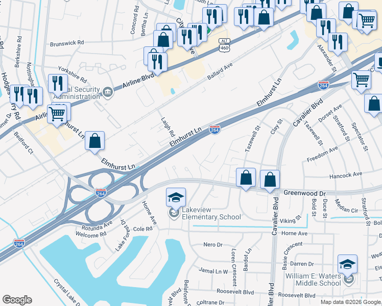 map of restaurants, bars, coffee shops, grocery stores, and more near 1542 Darren Circle in Portsmouth