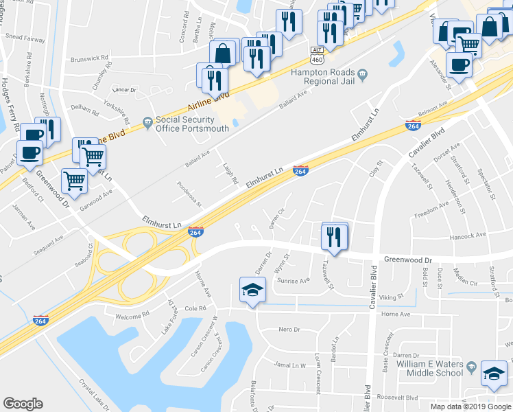 map of restaurants, bars, coffee shops, grocery stores, and more near 1542 Darren Circle in Portsmouth