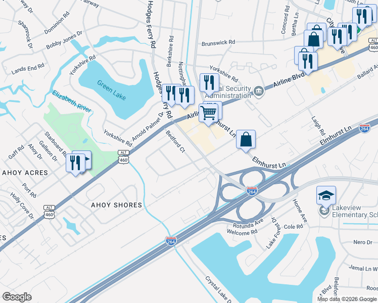 map of restaurants, bars, coffee shops, grocery stores, and more near 207 Bedford Court in Portsmouth