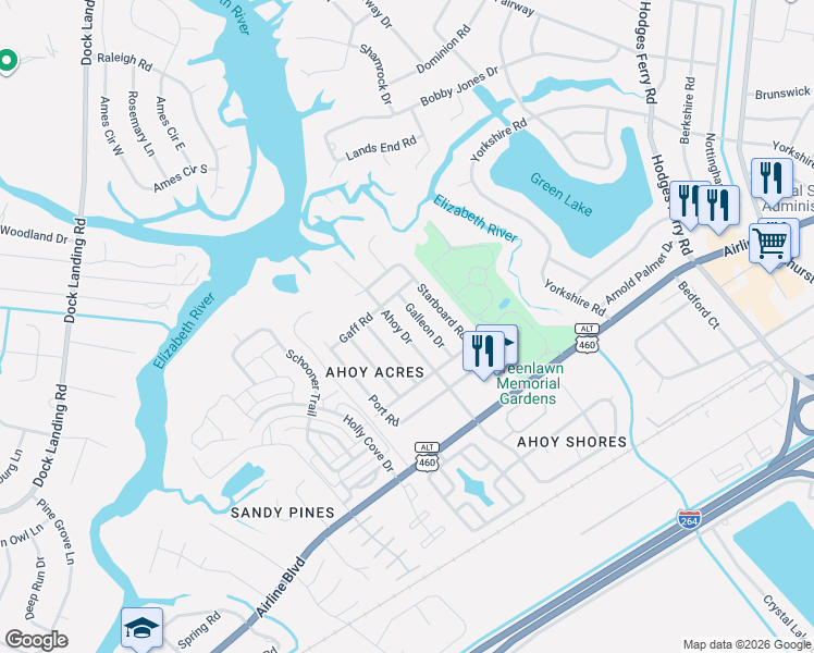 map of restaurants, bars, coffee shops, grocery stores, and more near 3937 Ahoy Drive in Chesapeake