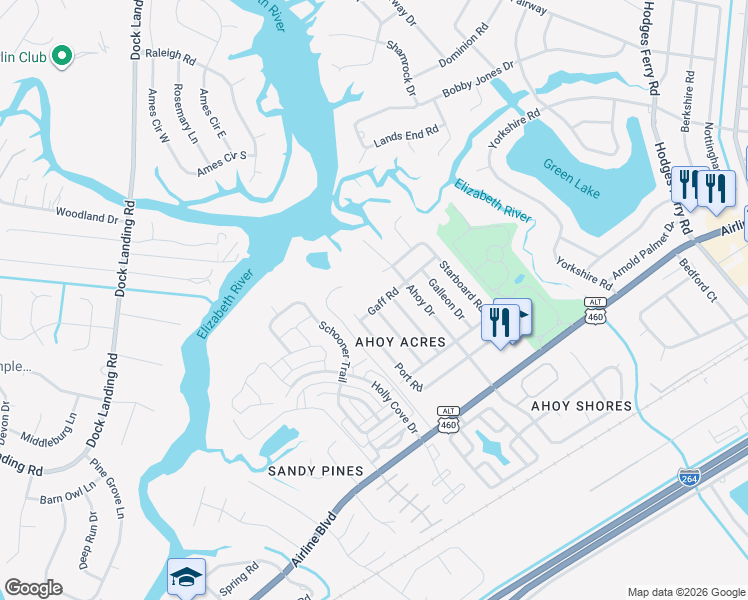 map of restaurants, bars, coffee shops, grocery stores, and more near 1620 Gaff Rd in Chesapeake