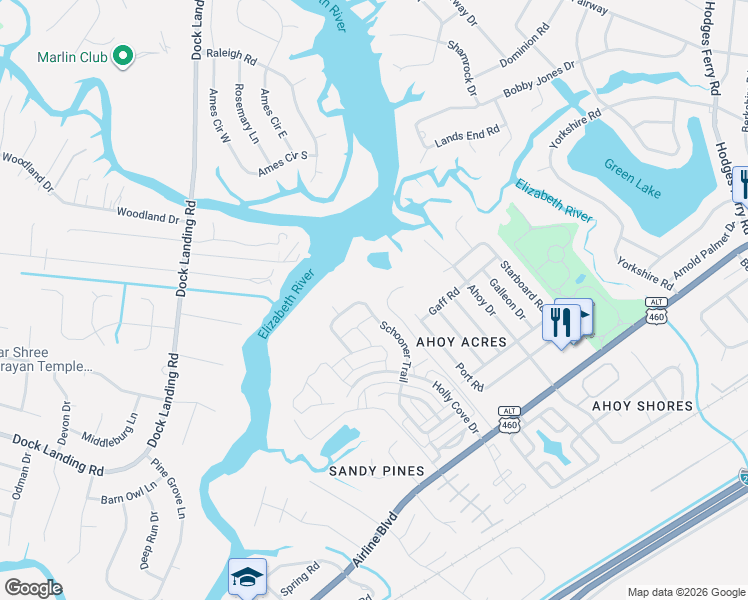 map of restaurants, bars, coffee shops, grocery stores, and more near 4240 Schooner Trail in Chesapeake