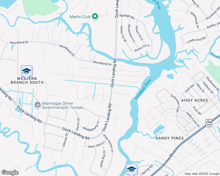 map of restaurants, bars, coffee shops, grocery stores, and more near 1733 Pattie Lane in Chesapeake