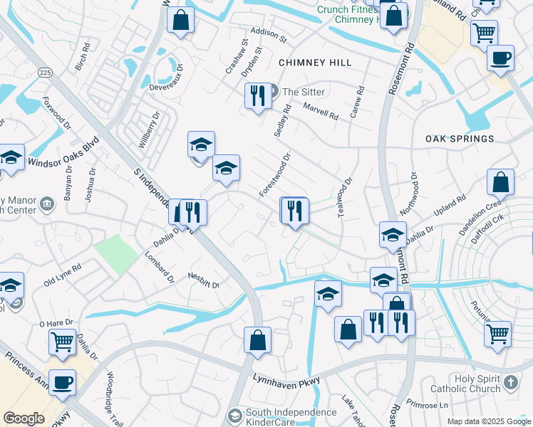 map of restaurants, bars, coffee shops, grocery stores, and more near 4400 Lindenwood Court in Virginia Beach