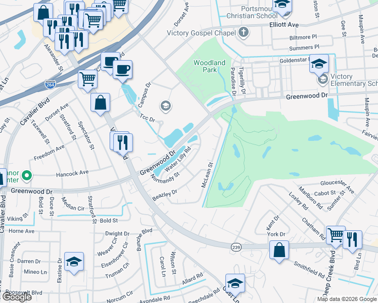 map of restaurants, bars, coffee shops, grocery stores, and more near 524 Normandy Street in Portsmouth