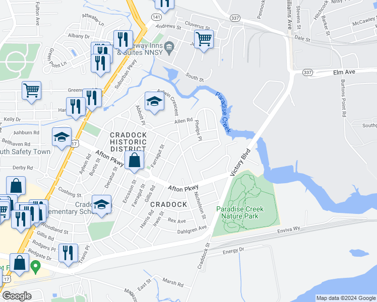 map of restaurants, bars, coffee shops, grocery stores, and more near 30 Harris Road in Portsmouth