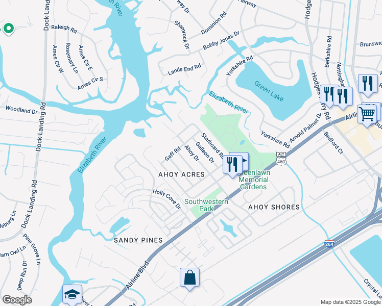 map of restaurants, bars, coffee shops, grocery stores, and more near 3933 Ahoy Drive in Chesapeake