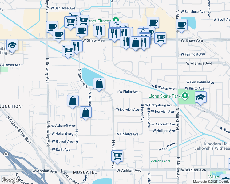 map of restaurants, bars, coffee shops, grocery stores, and more near 4481 North Charles Avenue in Fresno