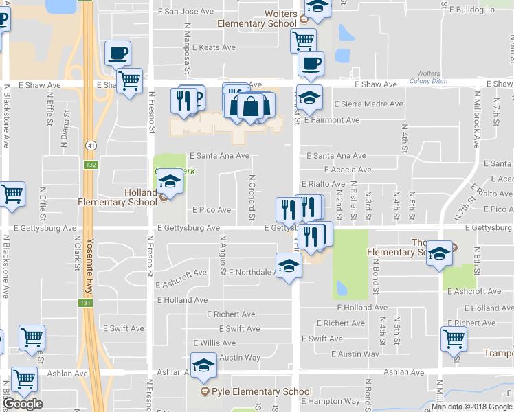 map of restaurants, bars, coffee shops, grocery stores, and more near 4662 North Orchard Street in Fresno