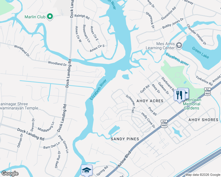 map of restaurants, bars, coffee shops, grocery stores, and more near 4306 Cutter Court in Chesapeake