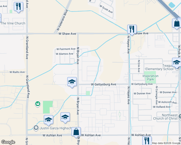 map of restaurants, bars, coffee shops, grocery stores, and more near 4650 North Bryan Avenue in Fresno