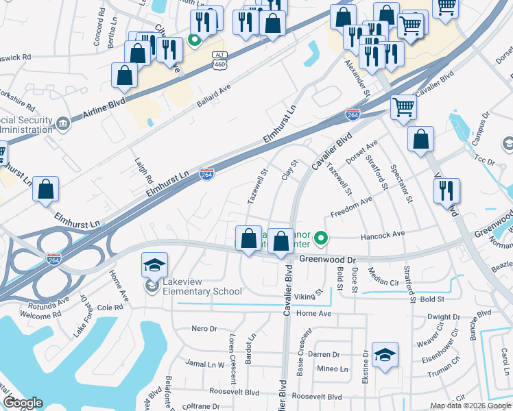 map of restaurants, bars, coffee shops, grocery stores, and more near 920 Tazewell Street in Portsmouth