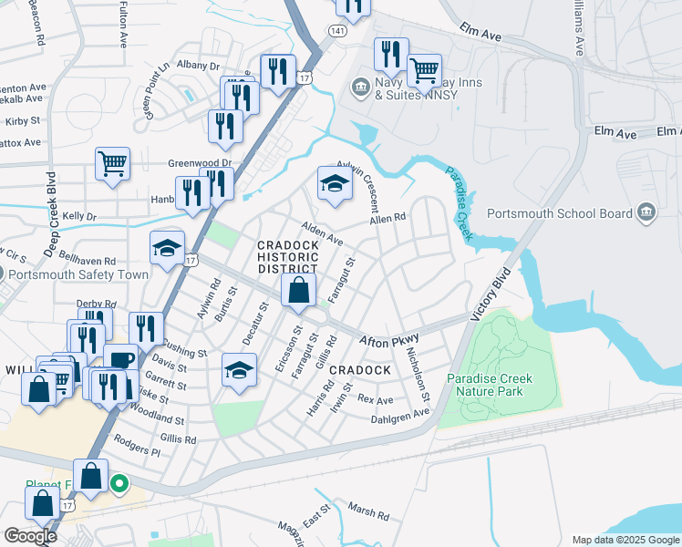 map of restaurants, bars, coffee shops, grocery stores, and more near 37 Farragut Street in Portsmouth