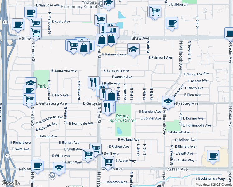 map of restaurants, bars, coffee shops, grocery stores, and more near 4647 North 2nd Street in Fresno