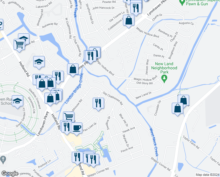 map of restaurants, bars, coffee shops, grocery stores, and more near 3226 Scarborough Way in Virginia Beach