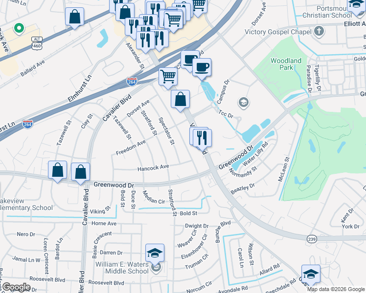 map of restaurants, bars, coffee shops, grocery stores, and more near 510 Rapidan Street in Portsmouth