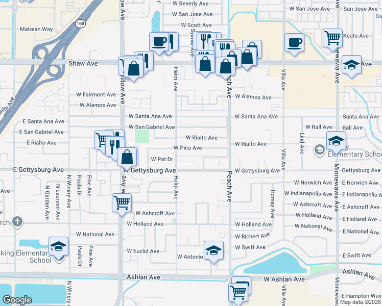 map of restaurants, bars, coffee shops, grocery stores, and more near 524 West Pico Avenue in Clovis