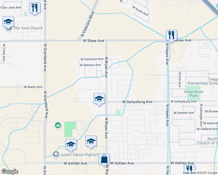 map of restaurants, bars, coffee shops, grocery stores, and more near 4607 West Ashcroft Avenue in Fresno