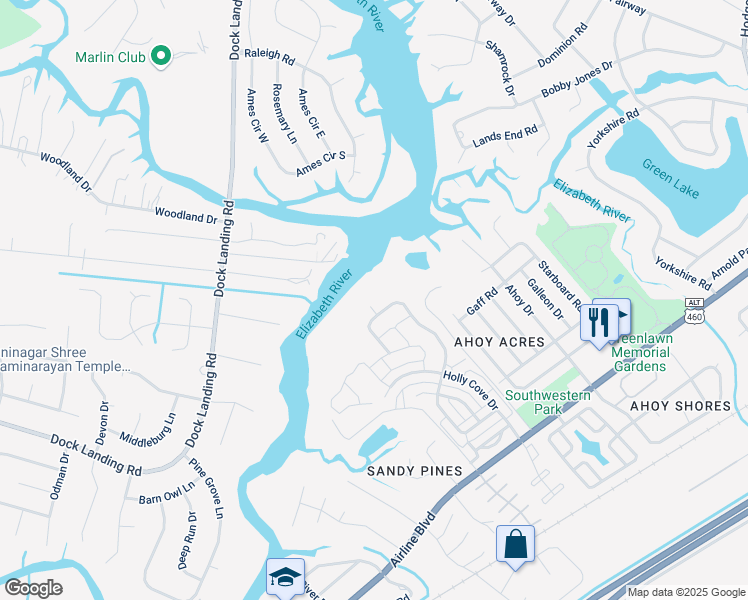 map of restaurants, bars, coffee shops, grocery stores, and more near 4306 Cutter Court in Chesapeake
