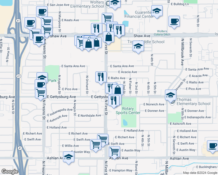 map of restaurants, bars, coffee shops, grocery stores, and more near 4654 North First Street in Fresno