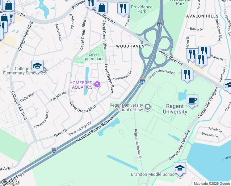 map of restaurants, bars, coffee shops, grocery stores, and more near 1105 Borg Court in Virginia Beach
