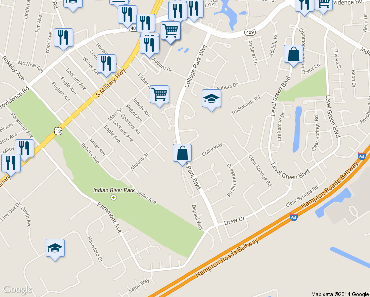 map of restaurants, bars, coffee shops, grocery stores, and more near 6360 Bucknell Circle in Virginia Beach