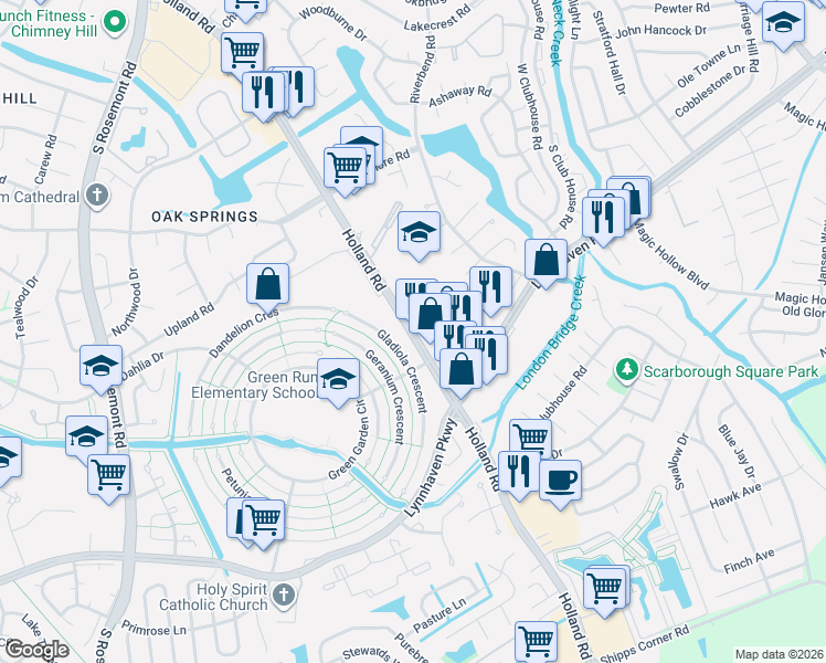 map of restaurants, bars, coffee shops, grocery stores, and more near 3332 Holland Road in Virginia Beach
