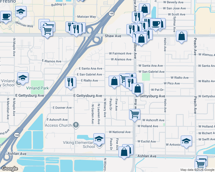 map of restaurants, bars, coffee shops, grocery stores, and more near 2685 North Winery Avenue in Clovis