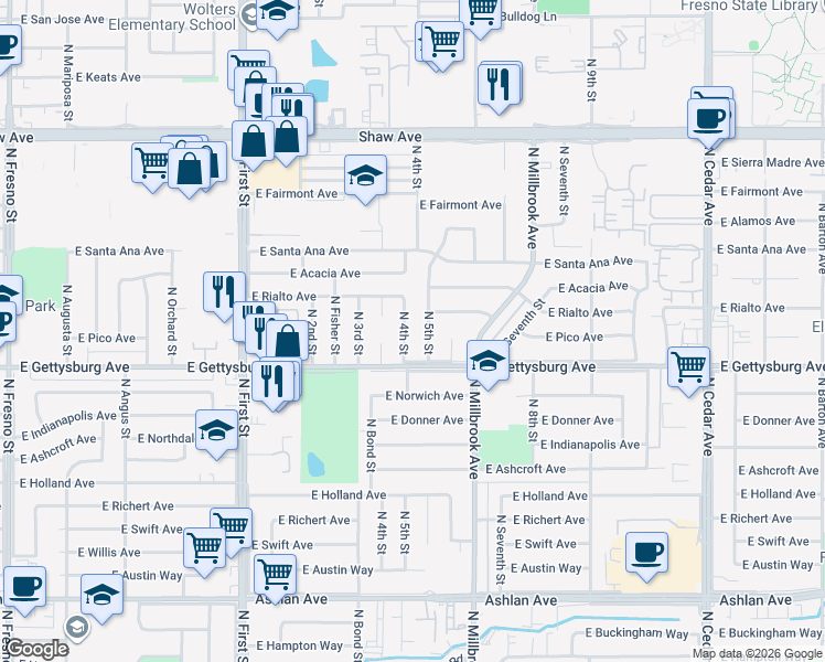 map of restaurants, bars, coffee shops, grocery stores, and more near 4640 North 4th Street in Fresno