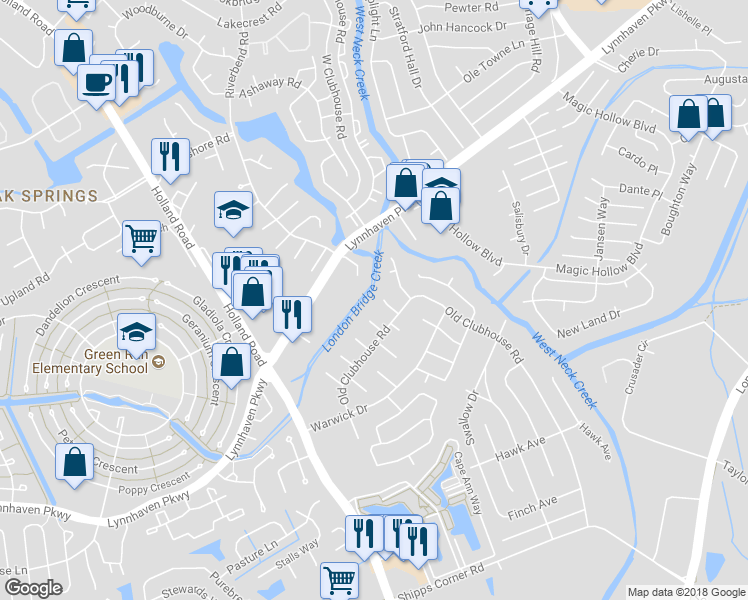 map of restaurants, bars, coffee shops, grocery stores, and more near 3253 Manor Glenn Court in Virginia Beach