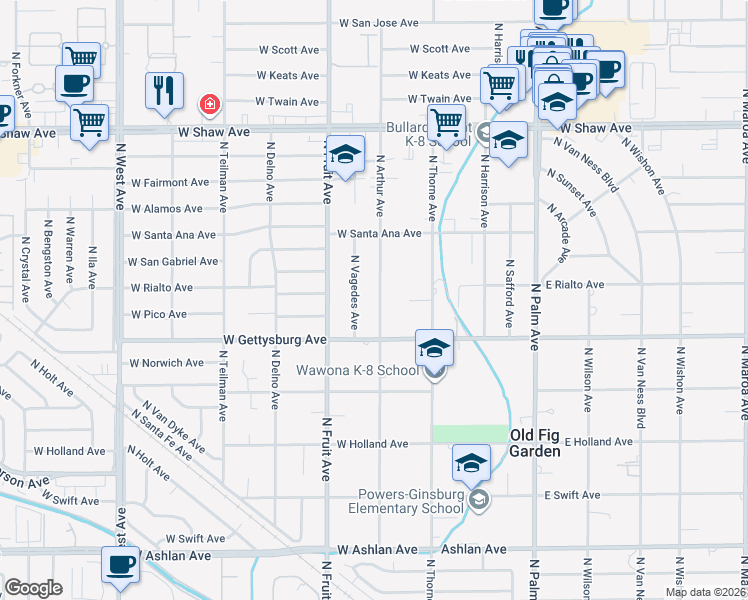 map of restaurants, bars, coffee shops, grocery stores, and more near 4673 North Arthur Avenue in Fresno