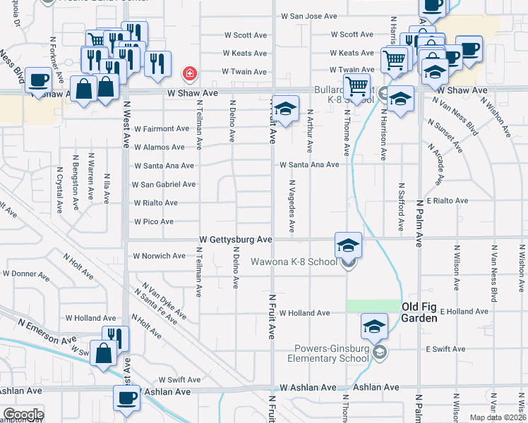 map of restaurants, bars, coffee shops, grocery stores, and more near 519 West Rialto Avenue in Fresno