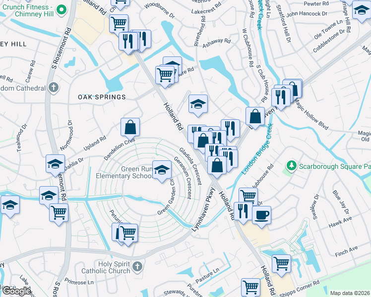 map of restaurants, bars, coffee shops, grocery stores, and more near 1124 Gladiola Crescent in Virginia Beach