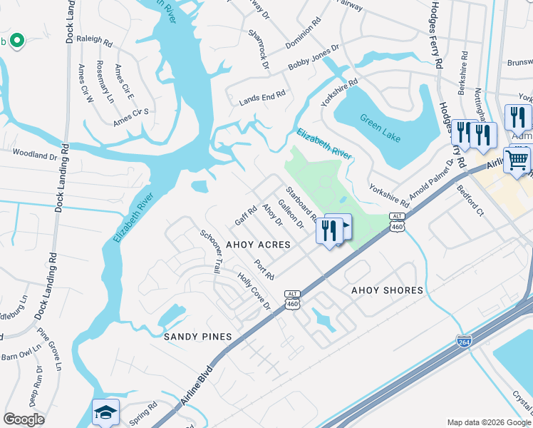 map of restaurants, bars, coffee shops, grocery stores, and more near 3937 Ahoy Drive in Chesapeake