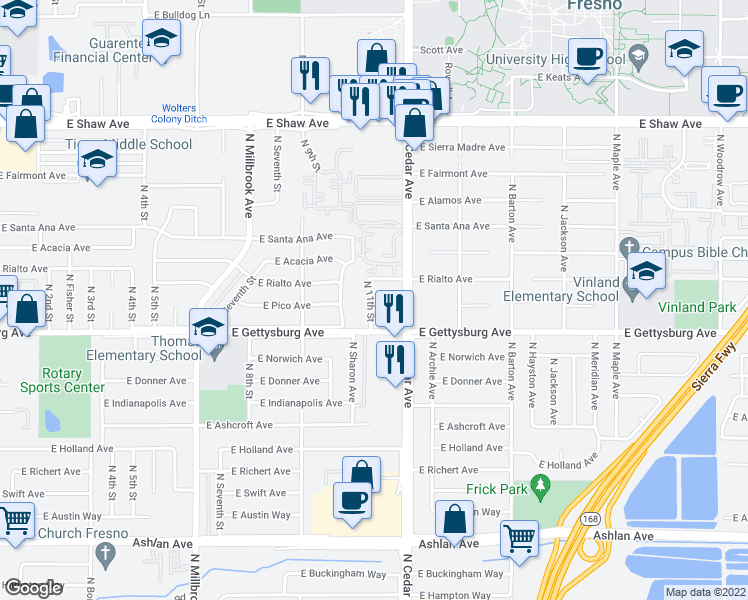 map of restaurants, bars, coffee shops, grocery stores, and more near 4660 North 11th Street in Fresno