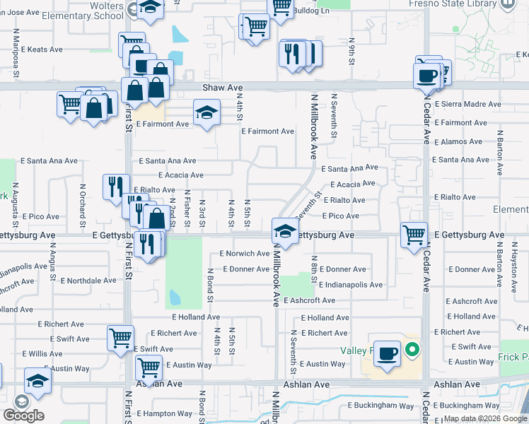 map of restaurants, bars, coffee shops, grocery stores, and more near 4647 North 6th Street in Fresno