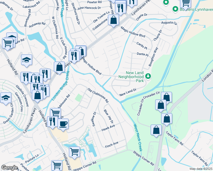 map of restaurants, bars, coffee shops, grocery stores, and more near 3010 Delaware Crossing in Virginia Beach