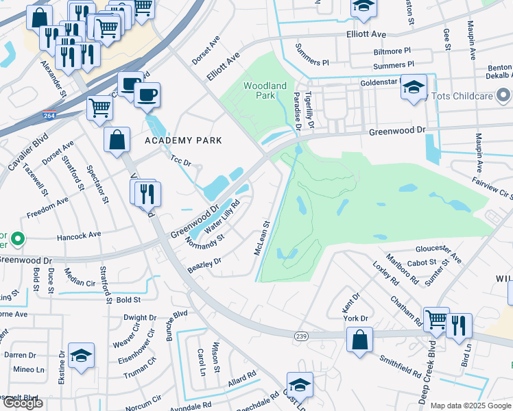 map of restaurants, bars, coffee shops, grocery stores, and more near 519 Normandy Street in Portsmouth
