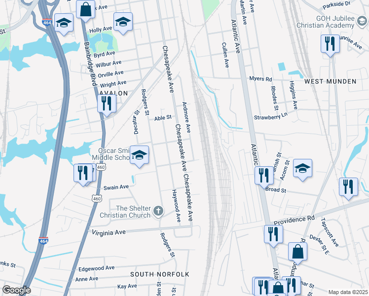 map of restaurants, bars, coffee shops, grocery stores, and more near 2309 Chesapeake Avenue in Chesapeake
