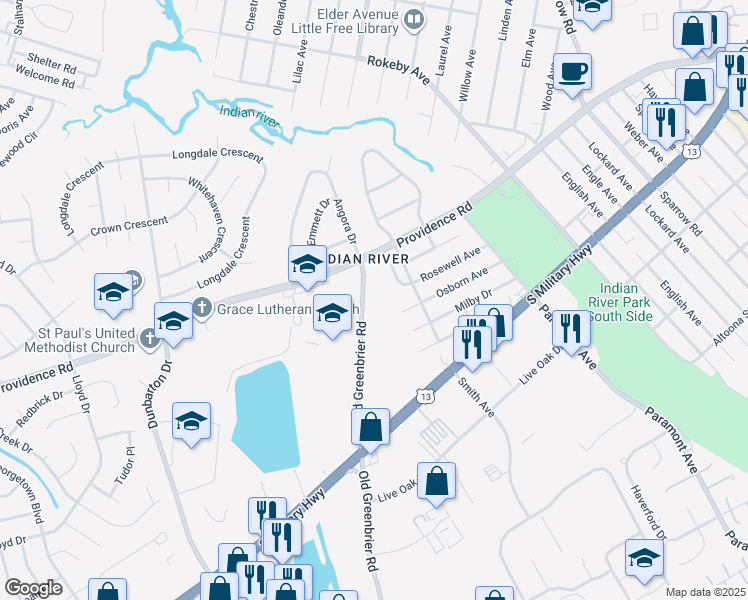 map of restaurants, bars, coffee shops, grocery stores, and more near 2519 Old Greenbrier Road in Chesapeake
