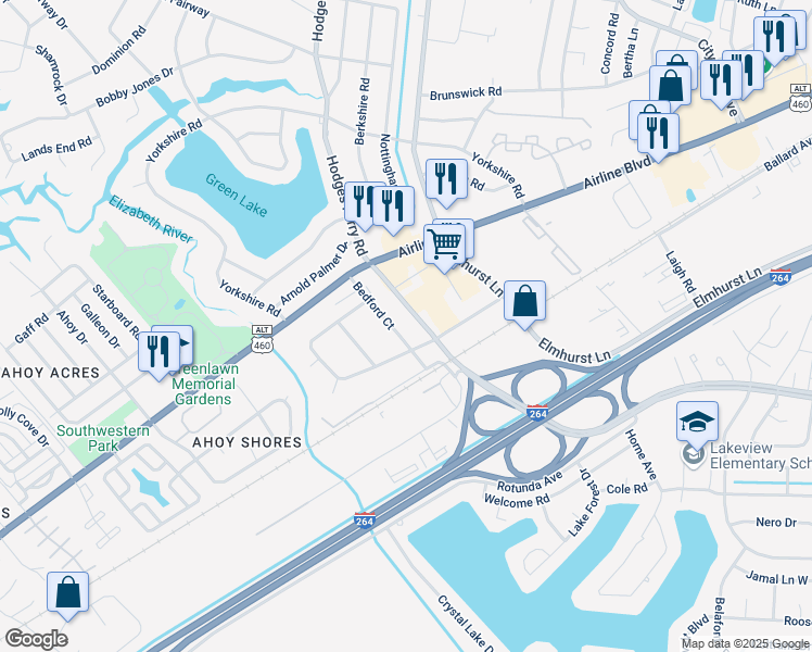 map of restaurants, bars, coffee shops, grocery stores, and more near 207 Bedford Court in Portsmouth