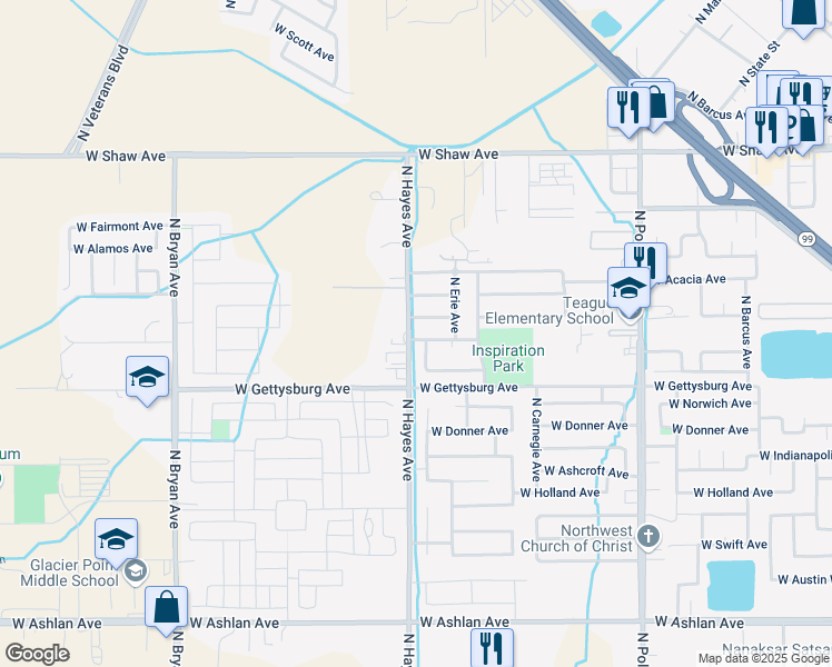 map of restaurants, bars, coffee shops, grocery stores, and more near 5938 W Rialto Ave in Fresno