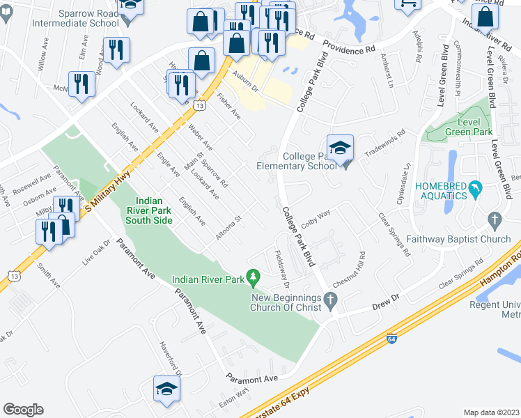 map of restaurants, bars, coffee shops, grocery stores, and more near 2205 Weber Avenue in Chesapeake